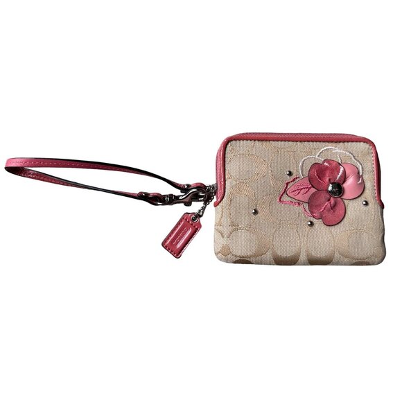 Coach Tan Signature wallet Wristlet with Pink Suede Flower & Pink Leather Strap - Picture 1 of 13